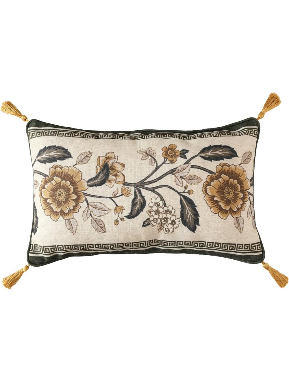 Floral Tassel Decorative Lumbar Pillow - Gold and Black